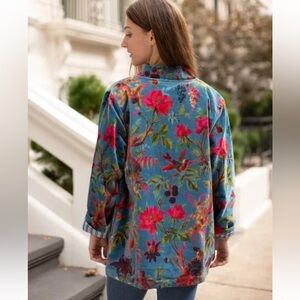 Vikolino Velvet Luxury Jacket Coat Blue Bird Printed Long Jacket Bohemian Coat